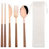 5Pcs Wood Handle Dinnerware Set Stainless Steel Tableware Knife Fork Spoon Chopsticks Cutlery Kitchen Flatware with Travel Bag