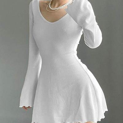 Solid U Neck Backless Sexy Mini Dress Y2K A-Line Flared Long Sleeves Knitted Dress Women Basic Autumn Winter Streetwear Chic