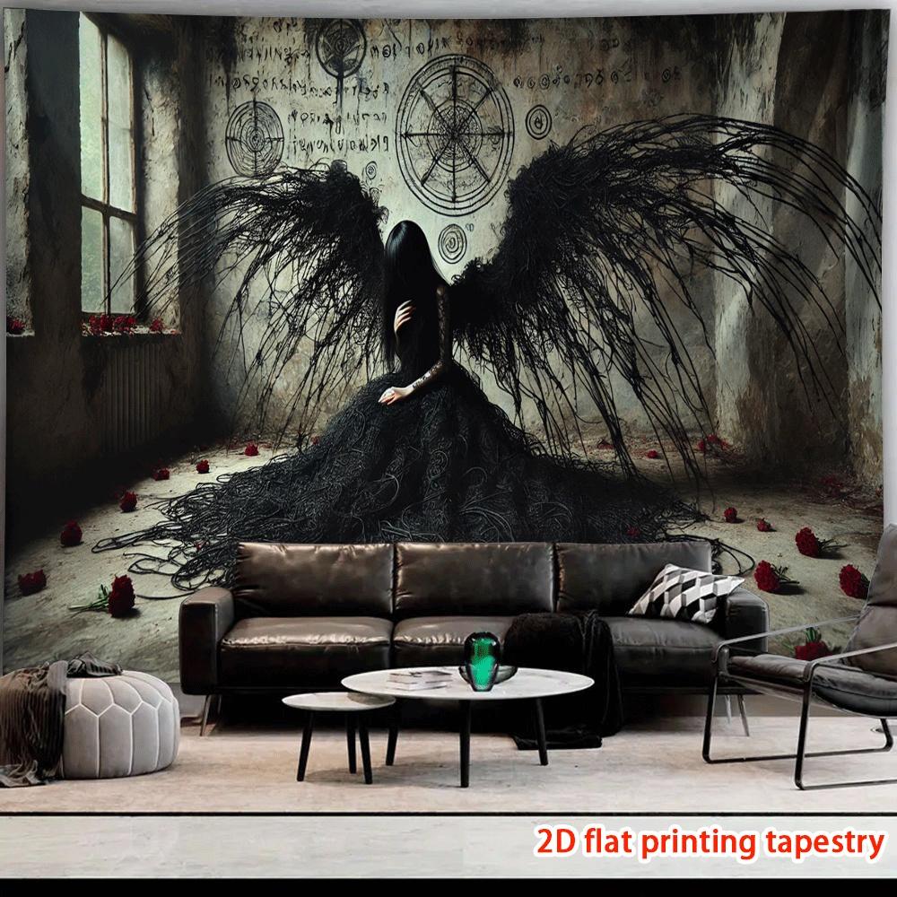 Gothic Fallen Angel Wall Hanging Tapestry, Dark Occult Symbol Art Decor Fabric, Unique Mysterious Ornament For Home Room