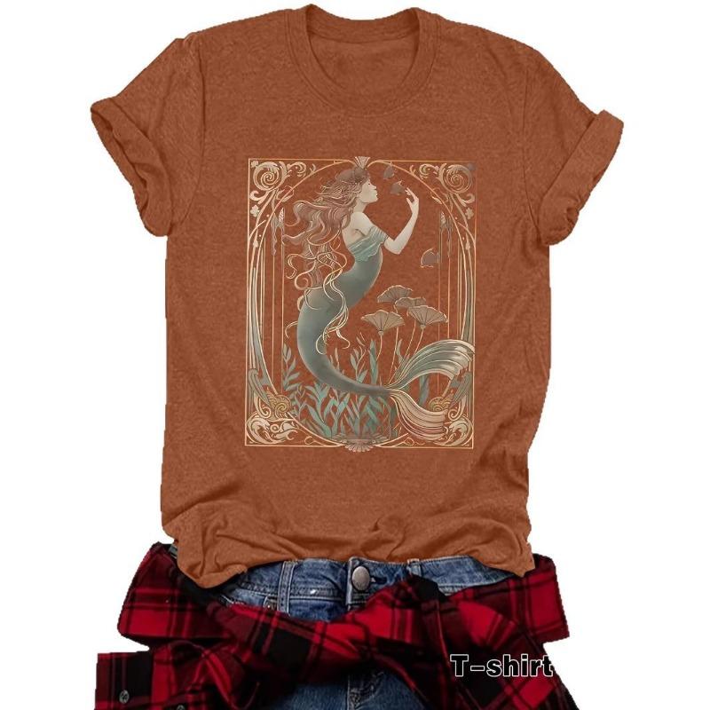 Women's Summer Casual T-shirt Mermaid Pattern Round Neck Short Sleeve Top