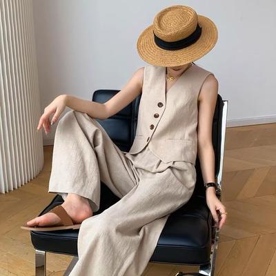 Completo due pezzi di alta qualità, completo senza maniche, gilet in cotone e lino, pantaloni a gamba larga, casual e dimagrante