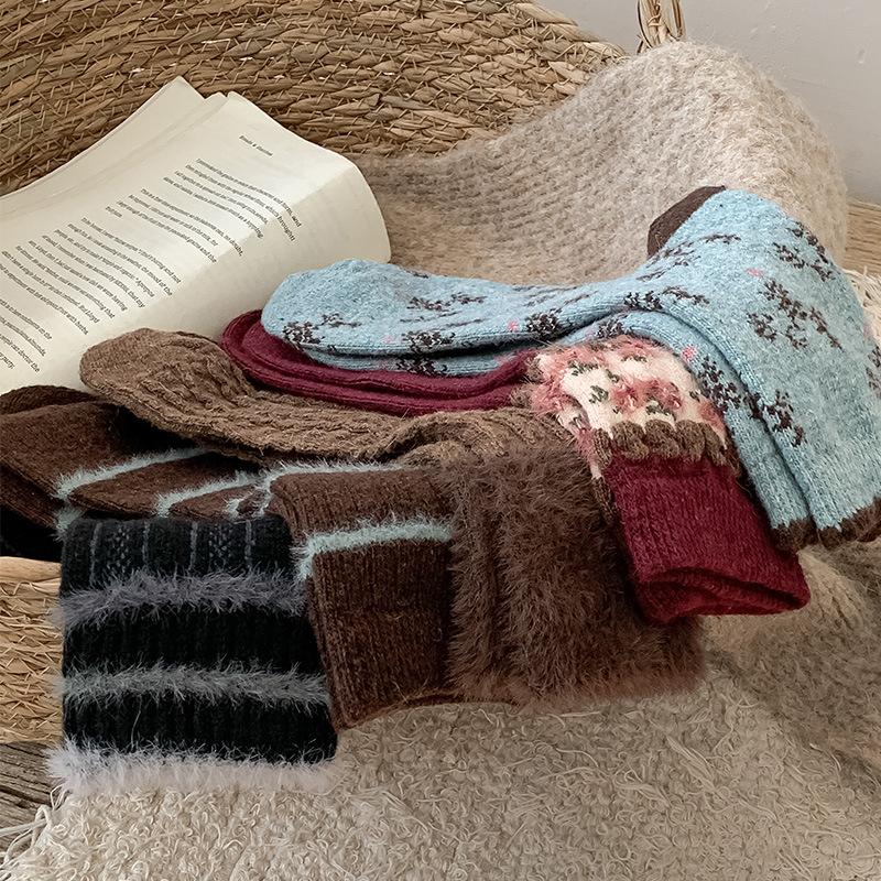 Retro Style Winter Coffee Blue Luxury Imitation Mink Stripe Contrasting Mid-Leg Socks Diamond Plaid Stack Socks Court Style Warmth