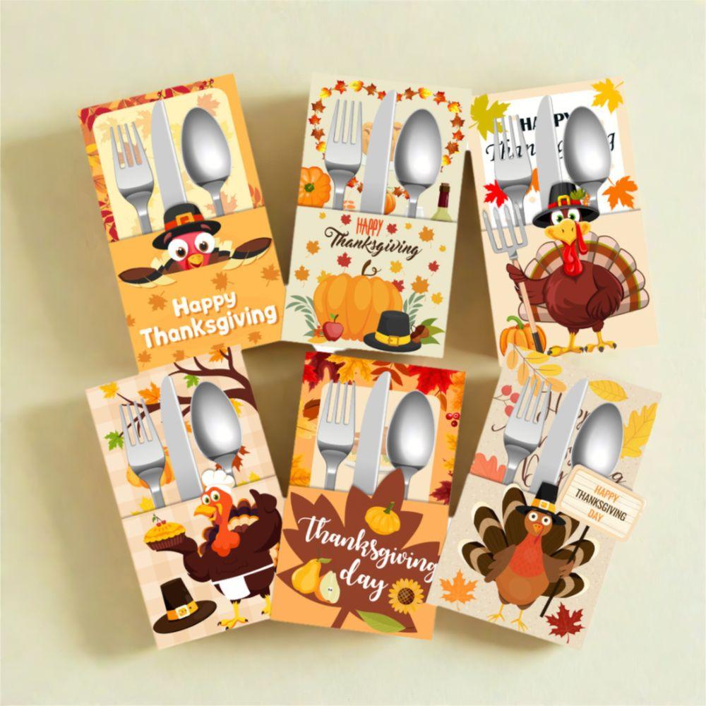 6pcs Turkey Maple Leaf Cutlery Storage Bags Autumn Theme Tableware Cover  Home Decor