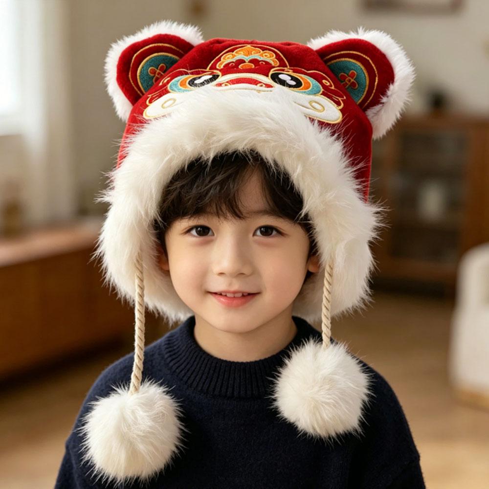 Thickened Children's Lion Dance Hat Chinese Style Winter Warm Hat Plush Beanies  Female/Girls