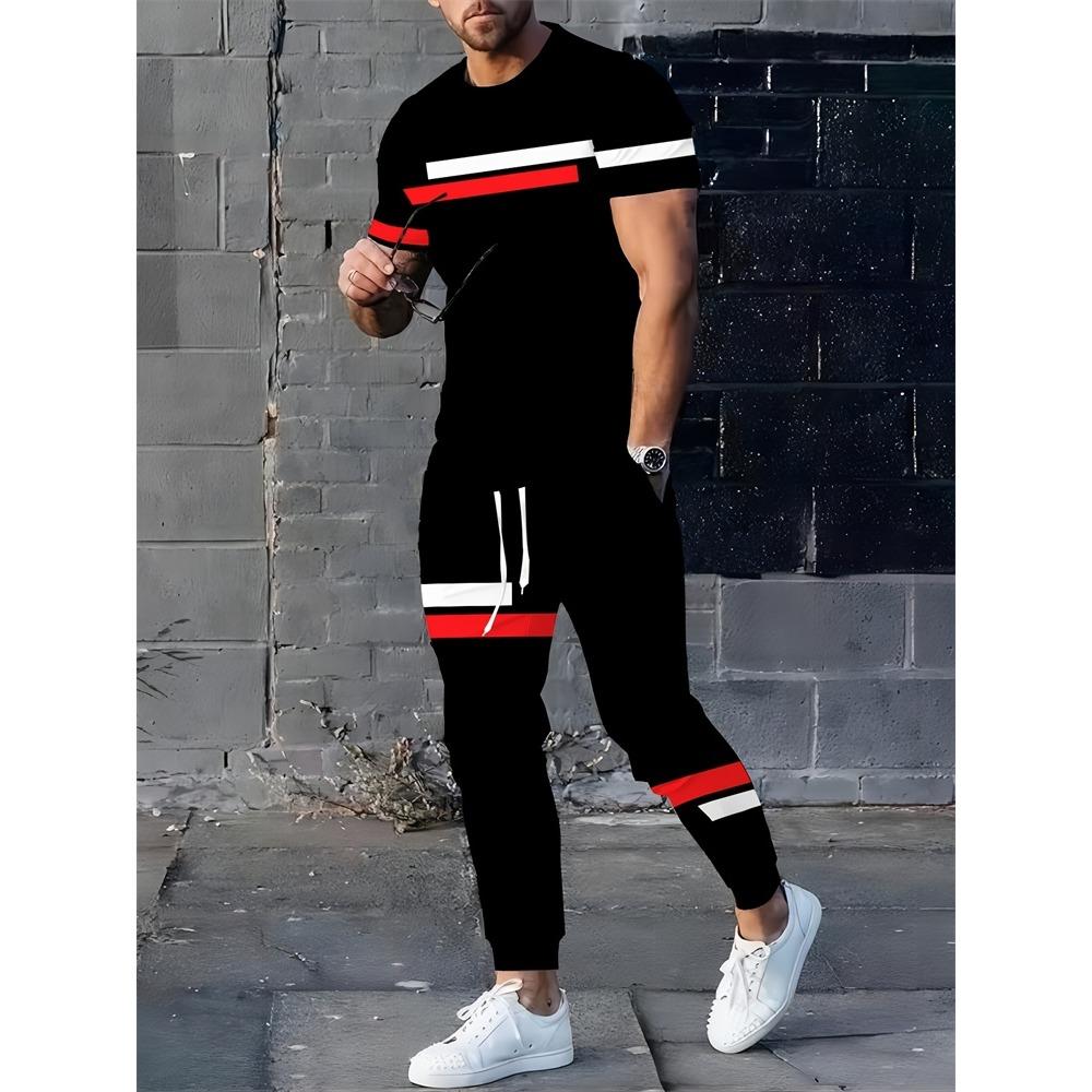 Color Block Letter Men's Set, Three-color Patchwork Short-sleeved Shirt And Long Pants, Simple And Casual