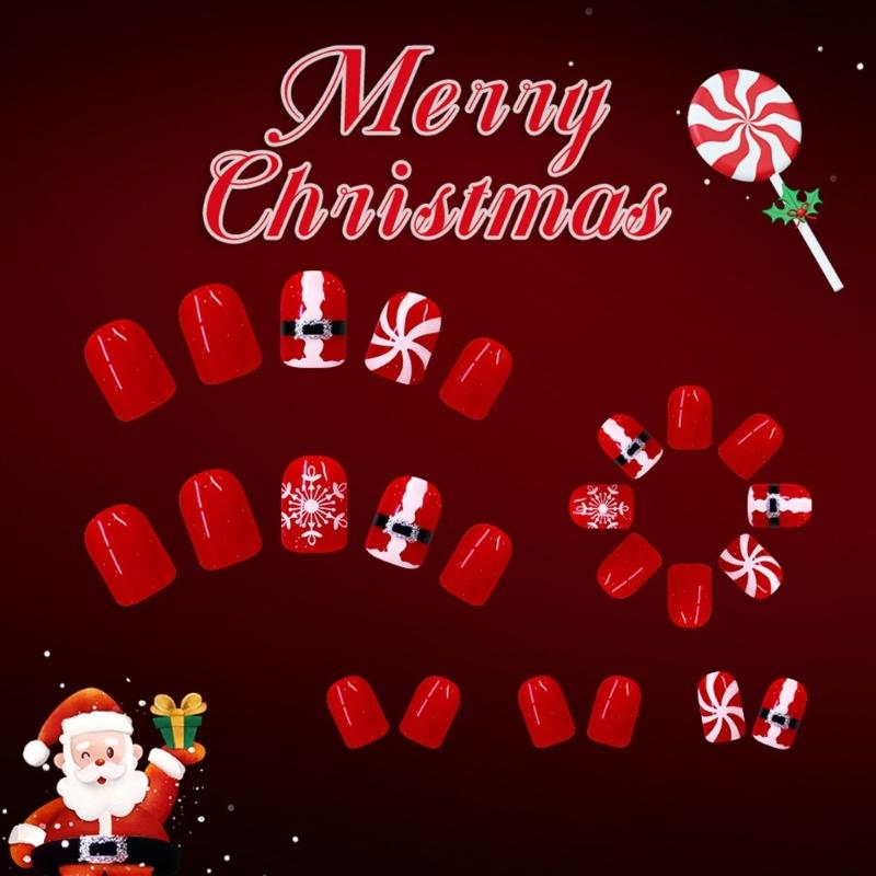 ABS Christmas Fake Nail 24PCS Santa Snowflake Glitters Design Holiday Party Press On Nail For DIY Manicure Comfort Wear