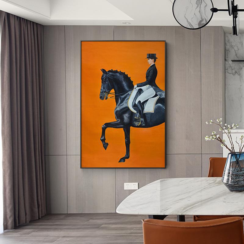Classic Canvas Painting for Home Decor, Black Horse, Orange Horse, Racing, Wall Art, Riding Woman Pictures, Living Room