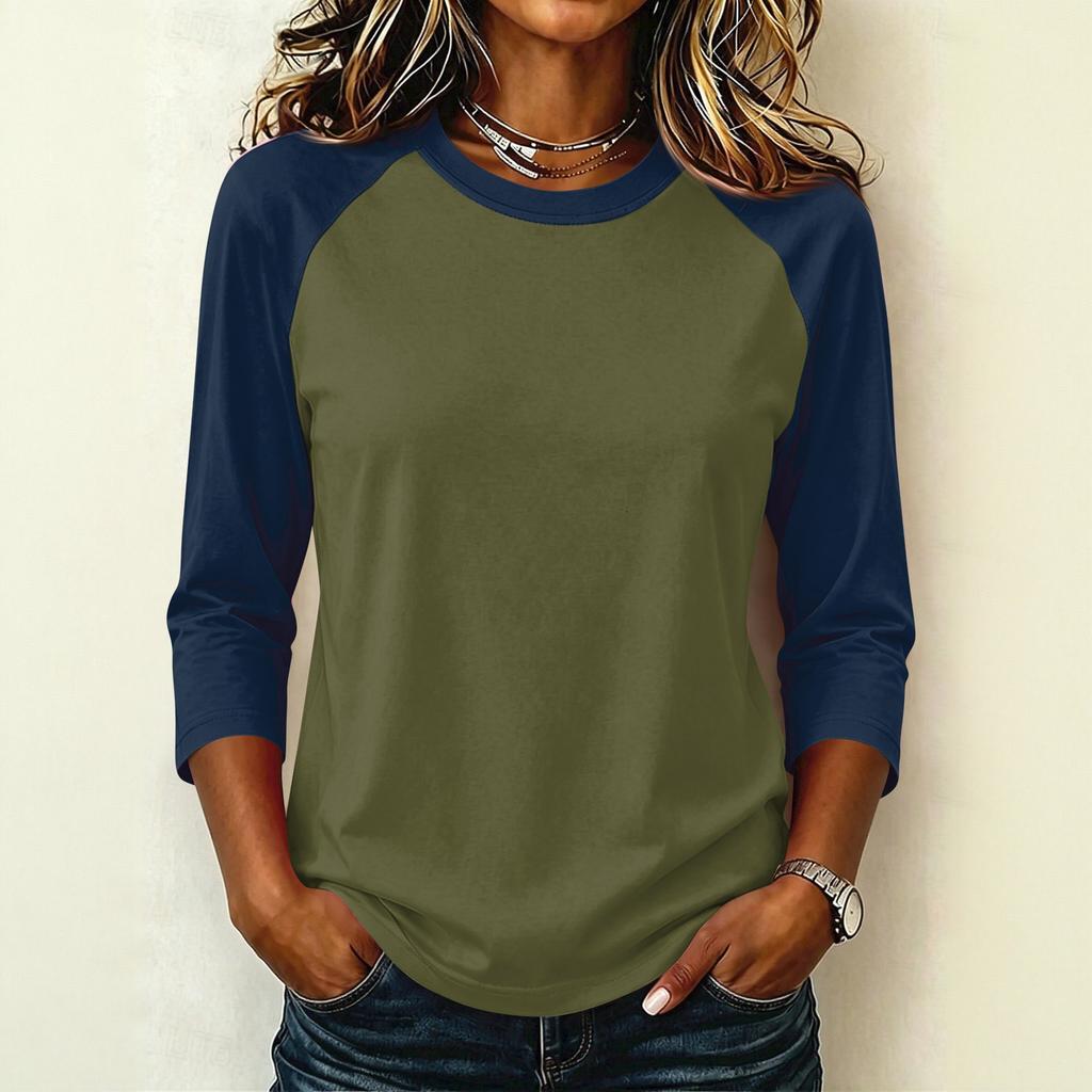 Women's Casual Color Block Pullover T-Shirt, Raglan 3/4 Sleeve, Round Neck, Lightweight Top for Summer, Spring, and Fall