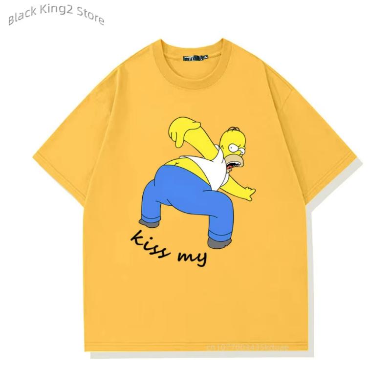 Simpsons Graphic Men's T Shirts Kiss My Printed Funny Cotton T-Shirts Casual Short Sleeved Tops Men's and Women's Loose Clothing