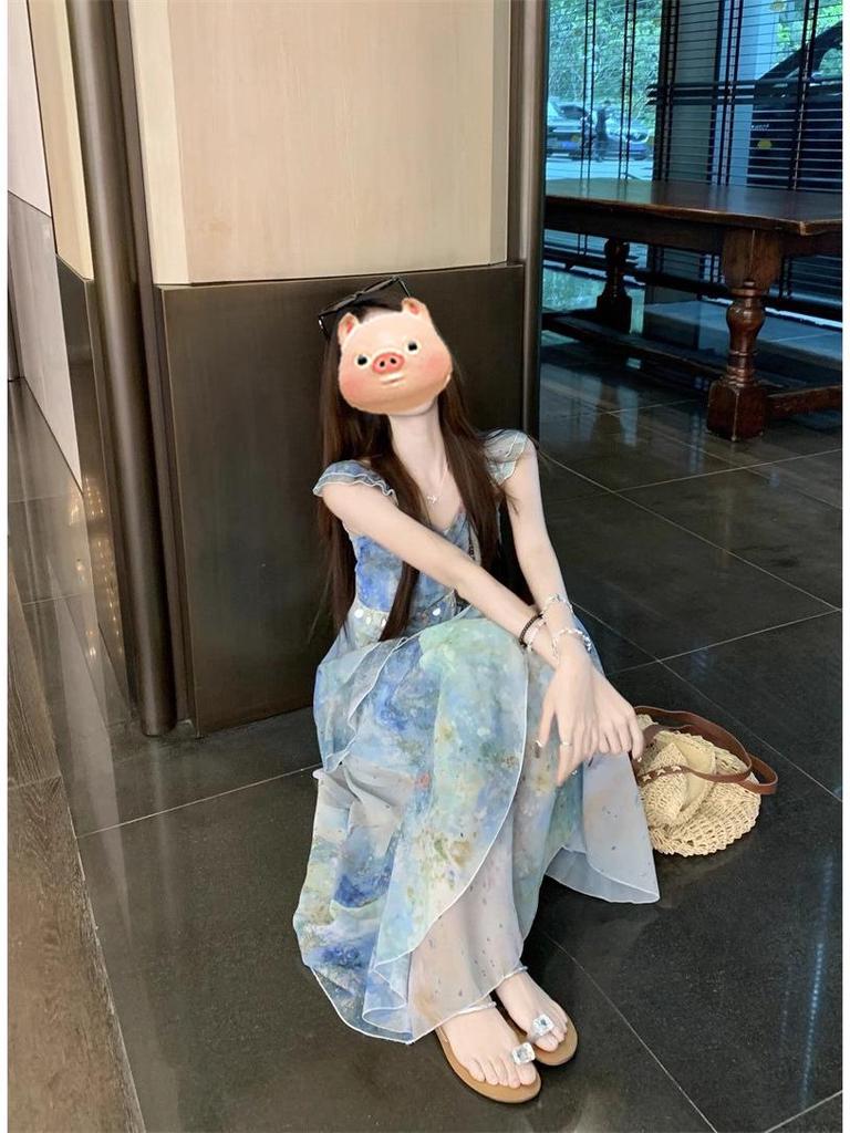 Seaside Resort Style Flutter Sleeve Camisole Dress - Women's Summer 2026 Waist-Cinched Irregular Fairy Dress