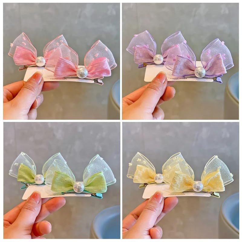 SEEWEN Hair Clips, Ribbons, Hair Ornaments, Barrettes, Cute Pearl Hairpins, 4 Pairs (Set of 8), Organza Fabric, for Women, Girls, and Kids, Perfect