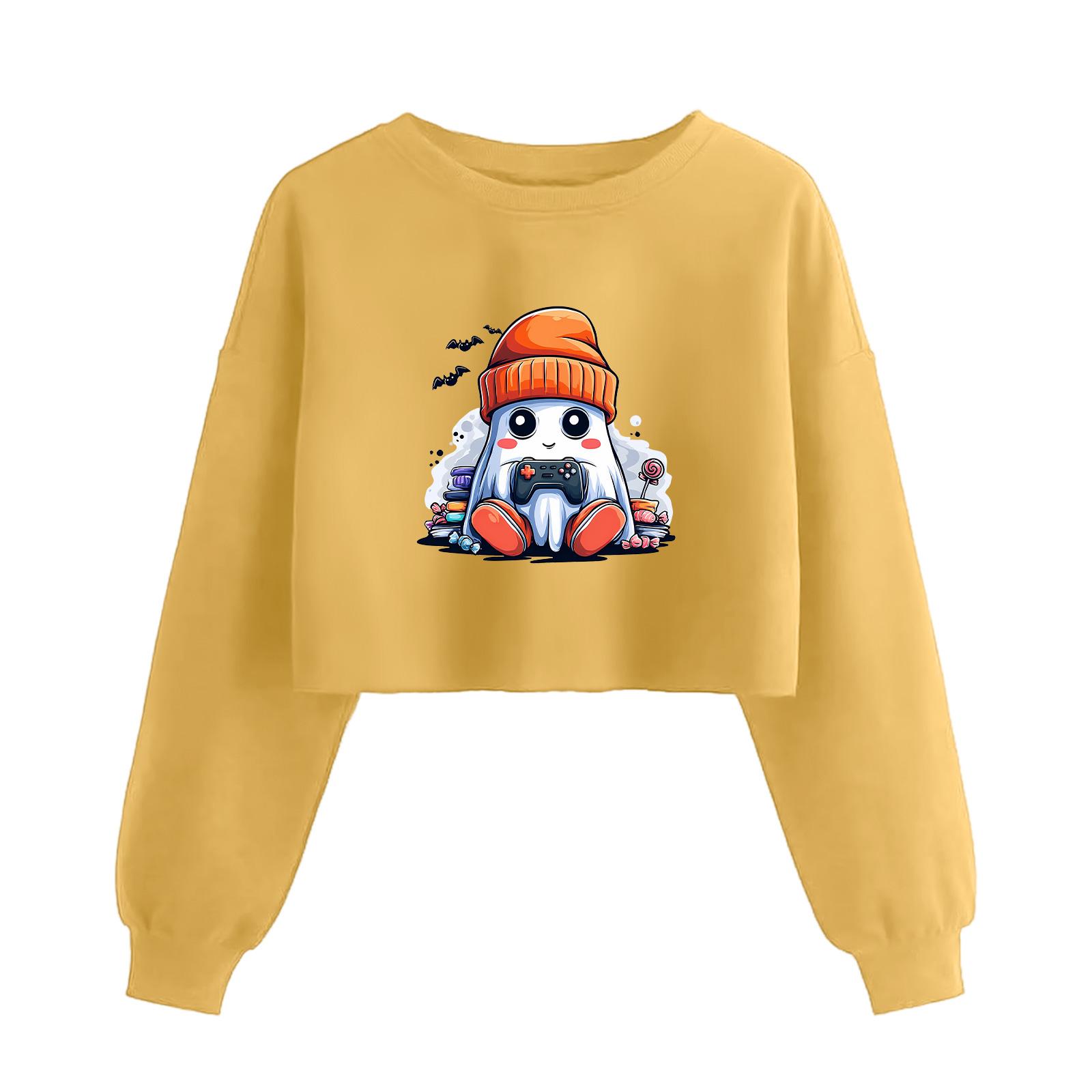 

Женский модный пуловер с длинным рукавом и принтом на Хэллоуин, открывающий живот XL жёлтый