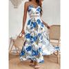Damenkleid, Bedruckt, Träger-V-Ausschnitt, Häkelstich, Schlitzkleid, Geblümt, Bedrucktes Kleid