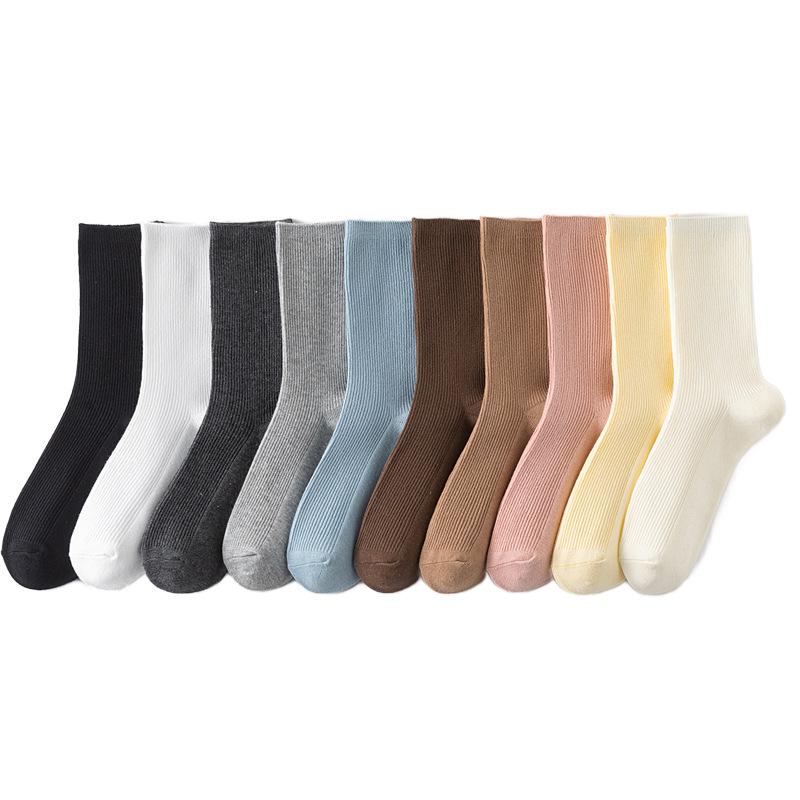 Female Autumn Pure Color Assorted Preppy Cotton Sweat Absorbing Breathable Tube Pile Socks