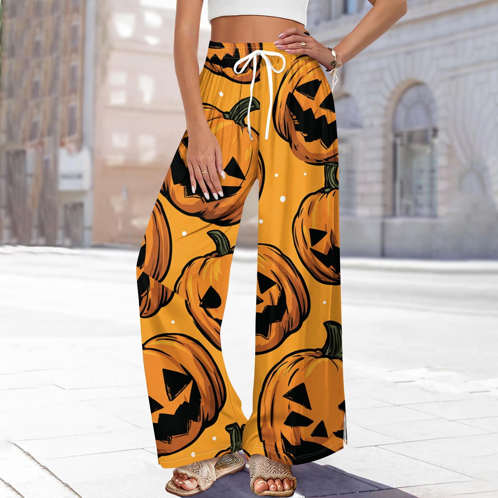 

Женские повседневные модные брюки прямого кроя с широкими штанинами, эластичной талией на кулиске, карманами и принтом на Хэллоуин XL оранжевый