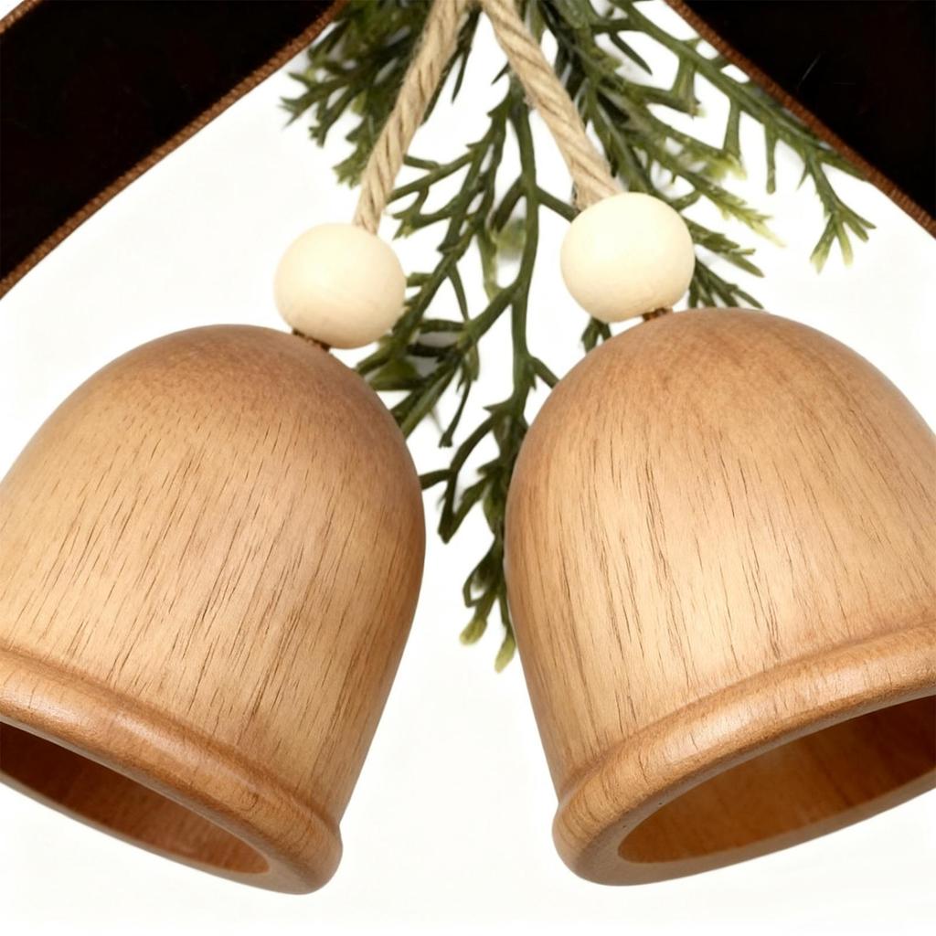 Bell Christmas Ornaments Wood Ring Pendants Jingle Bell Ornaments With Pine And Bow For Garland Door Tree Holiday Classroom
