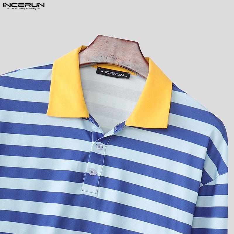 INCERUN Men Lapel Neck Long Sleeve Stitching Striped Casual Oversized T-shirts Tops