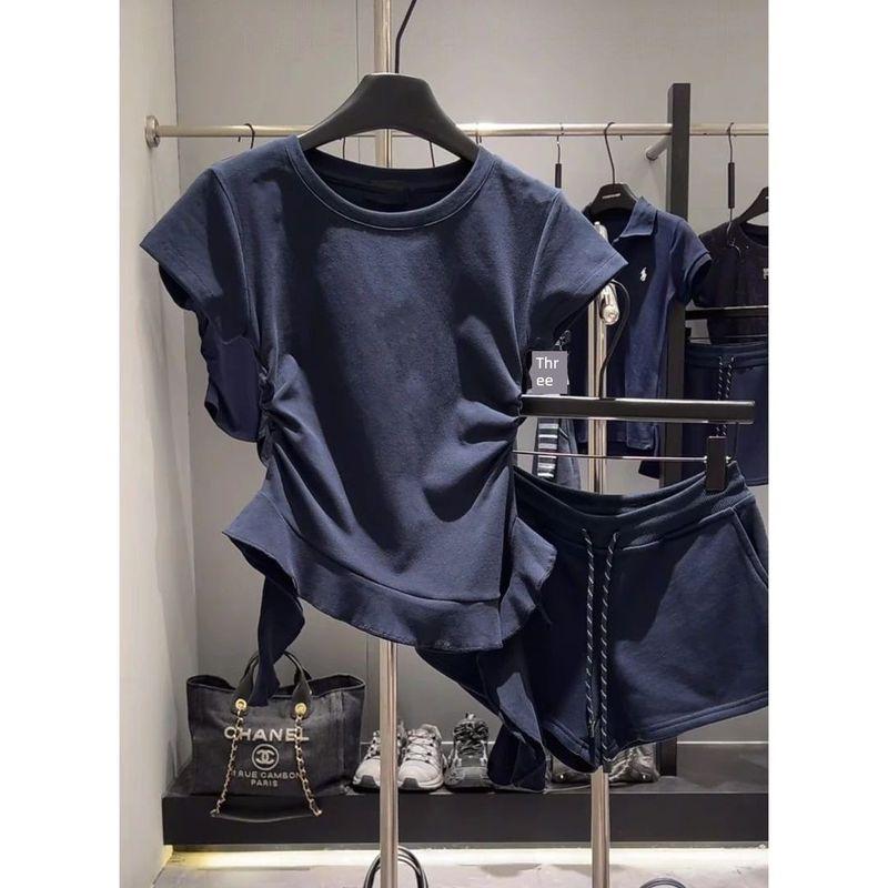 Korean Style Gyaru round Neck Shoulder Short sleeve T-shirt Women Summer Slim fit Temperament Design Irregular Frill Top