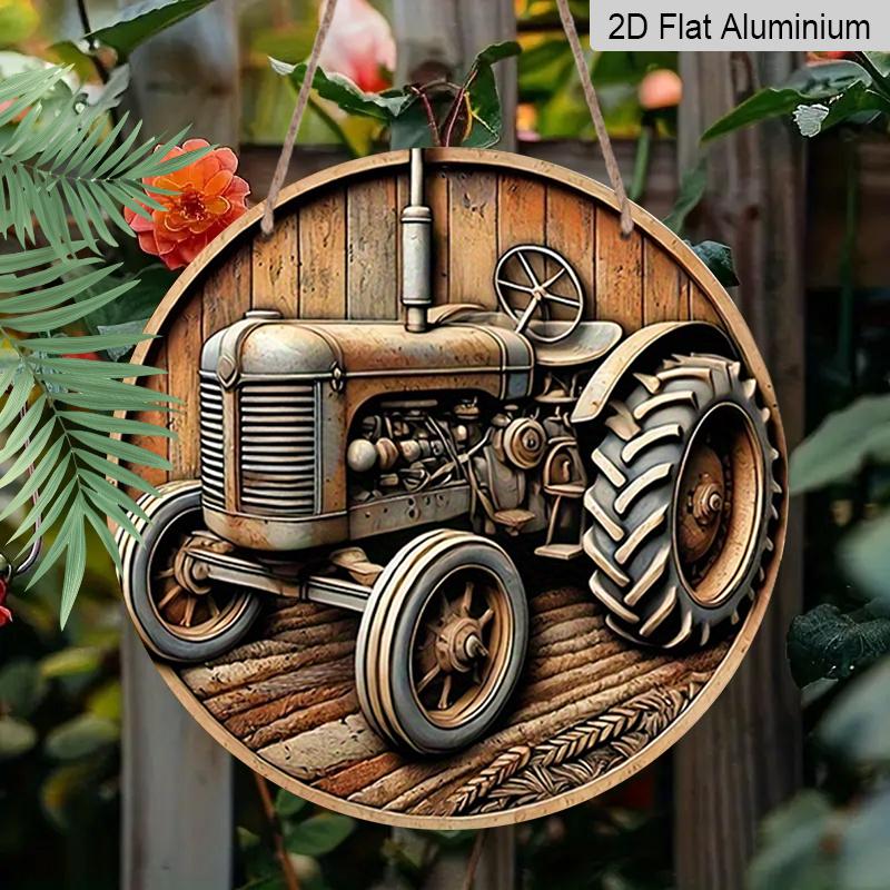 2D Flat Country Life Round Sign with A Size of 7.8 X 7.8 Inches, Showing Agricultural Equipment and A Retro Tractor.This Country-style Metal Wall Is