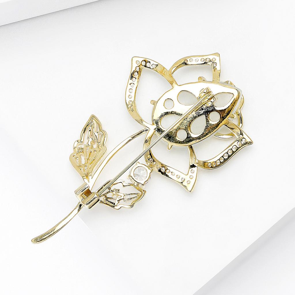 Rose Brooch Pin with Milky White Stone and Rhinestone Petals for Women Shawls and Lapels, 60x34mm, Gold Silver