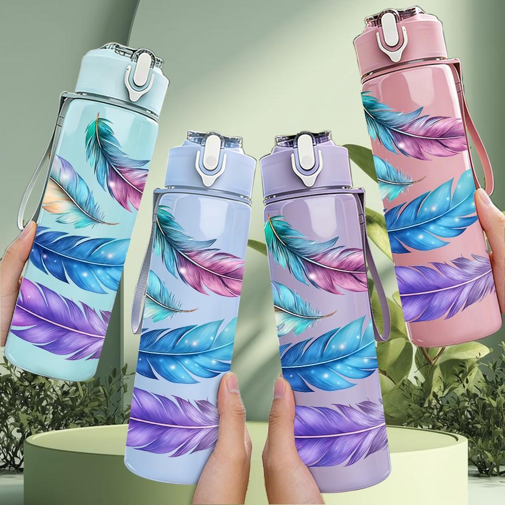 1PC Multicolor Soft Feather Art Print 750ml Color Plastic Sports Water Bottle Leakproof Flip Straw Lid Suitable for Sports Office Home Use