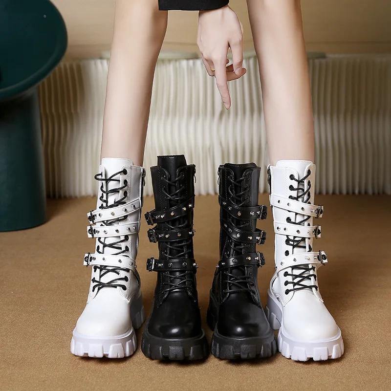 women new thick soled boots Outdoor fashion anti slip shoe Round head belt buckle locomotive boot Casual comfort ladies shoes