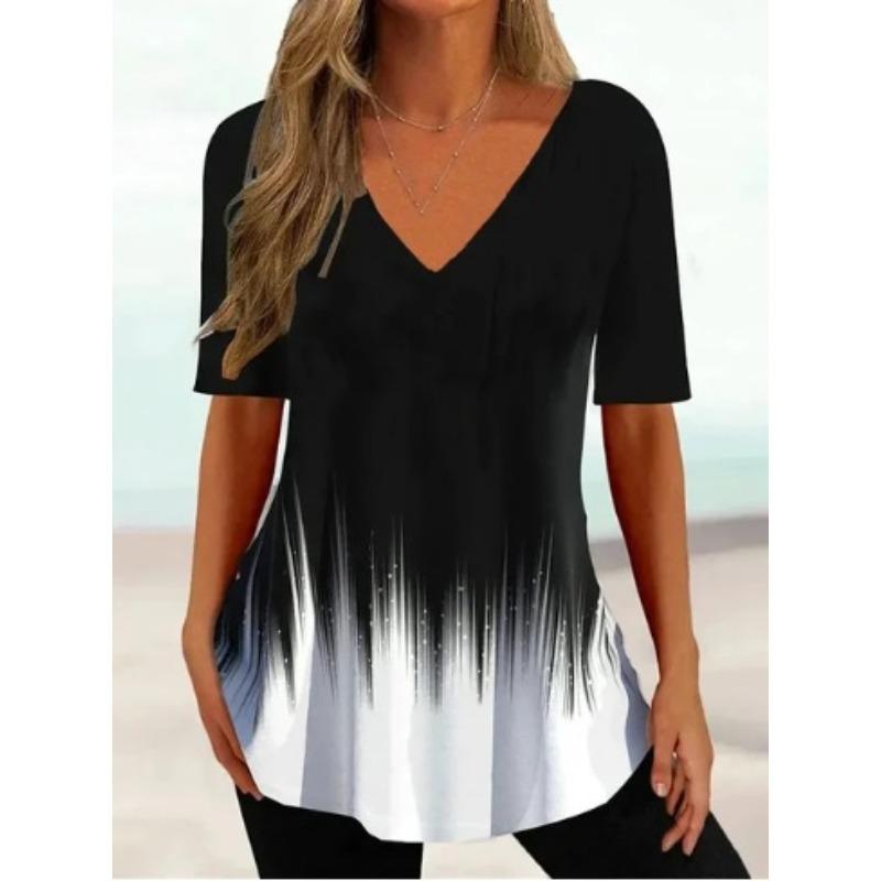 Retro Women's Ethnic Geometric Painting Harajuku T-shirt Women's Summer Casual Short Sleeve V-neck T-shirt