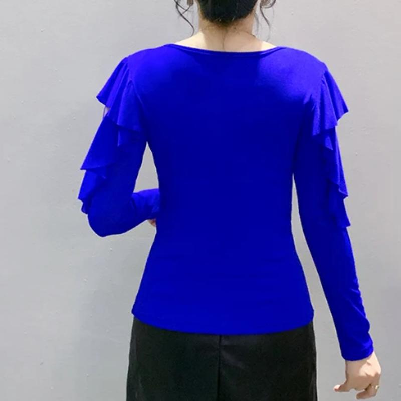 Fashion Spring Autumn Korean Sexy V-neck Hot Diamonds T-shirt Chic Hollow Out Long Sleeve Womens Tees Streetwear Girl Elastic Mesh Top