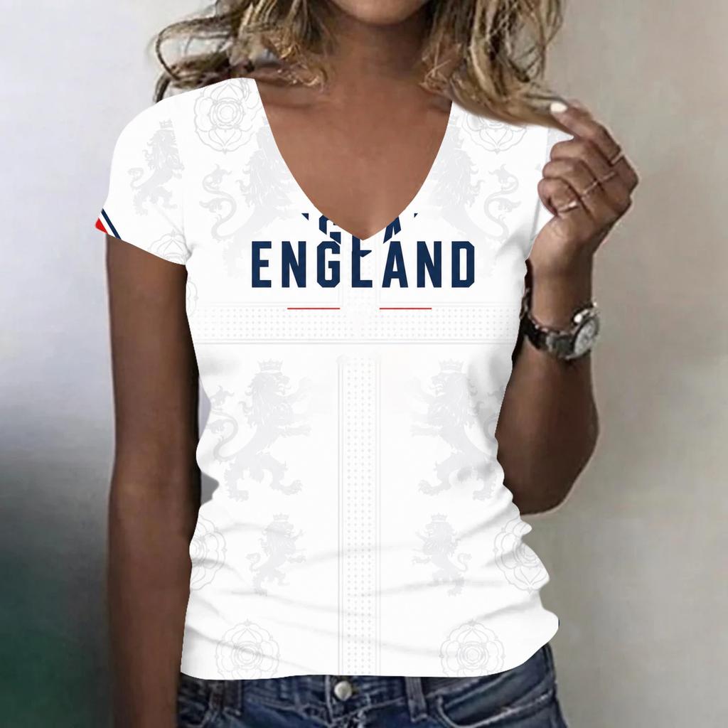 Damen V-Ausschnitt Leichtes Kurzarm-Top mit Fußball-Grafikdruck Geeignet für Frühling Sommer Freizeitkleidung Englischer Stil