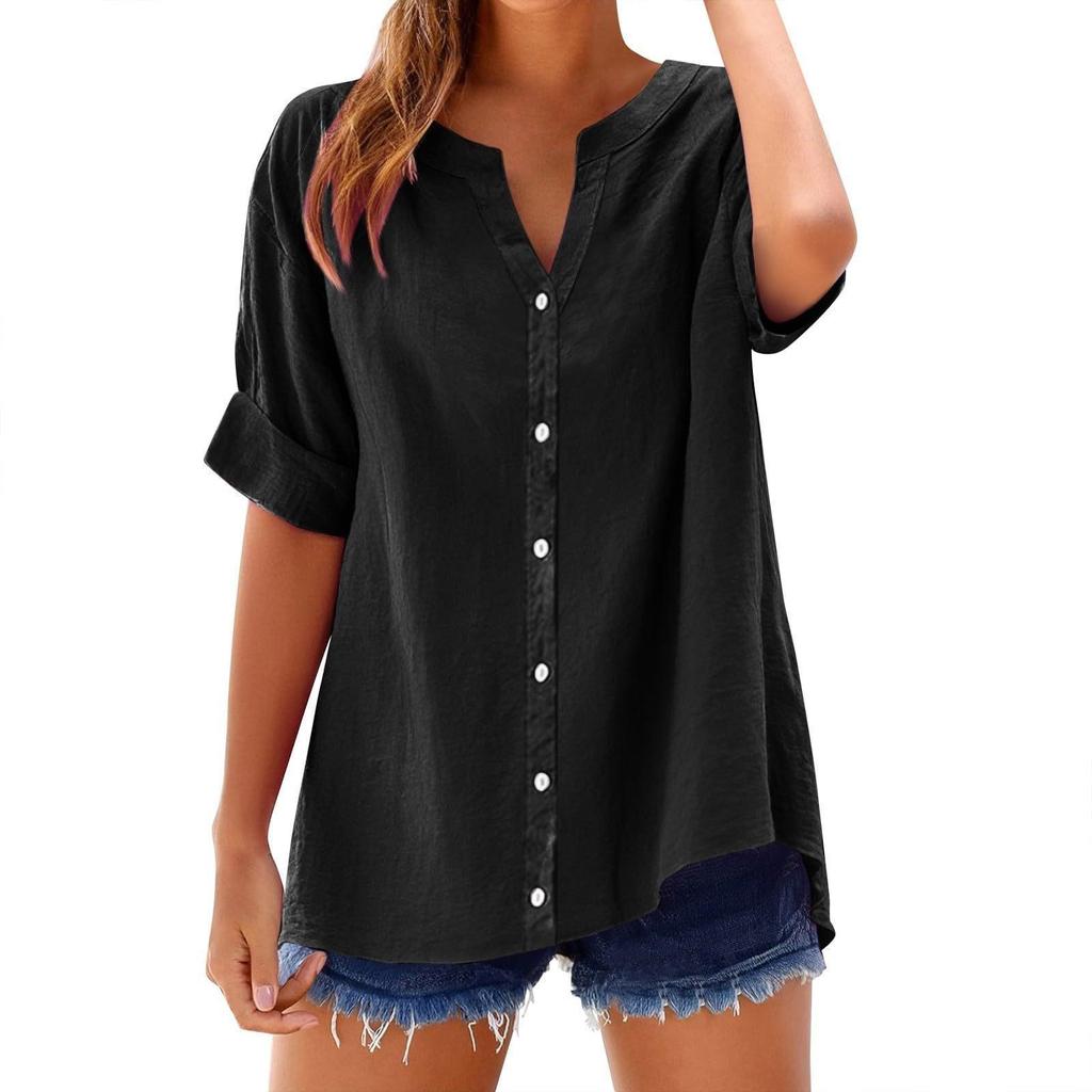 Spring and Summer New Button Shirt, Casual, Loose and Elegant Plus-size V-neck Top