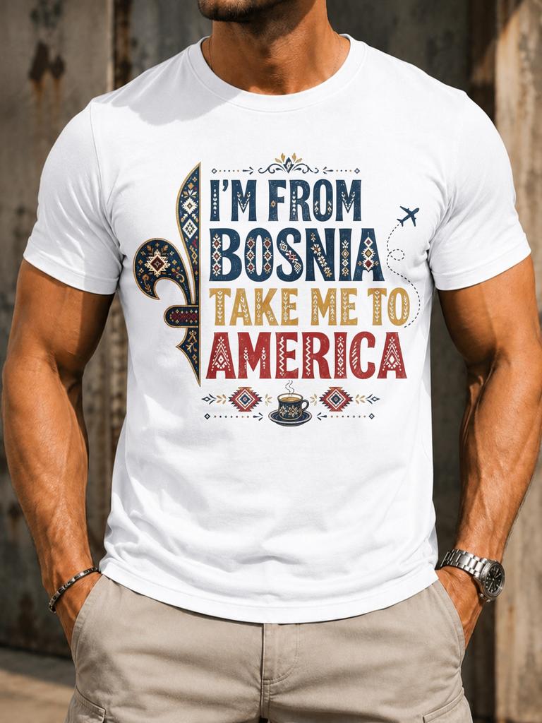 M From Bosnia Take Me To America Folk Pattern Letters Fleur De Lis Airplane Coffee Cup Unisex All Unisex All TShirt
