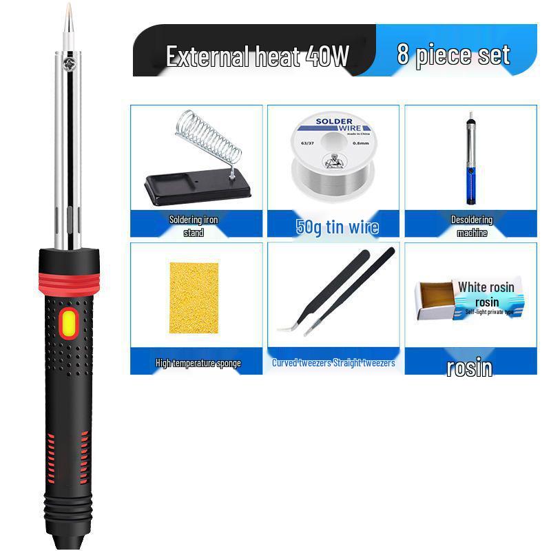 60W External Heating Soldering Iron Set with Rubber Handle, Pointed Tip & Indicator Light