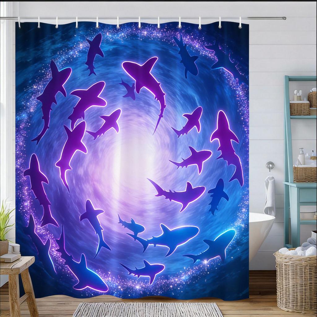 Shark Shower Curtain Oceanic Underwater Scene Print Polyester Bath Curtain With Hooks For Marine Decor