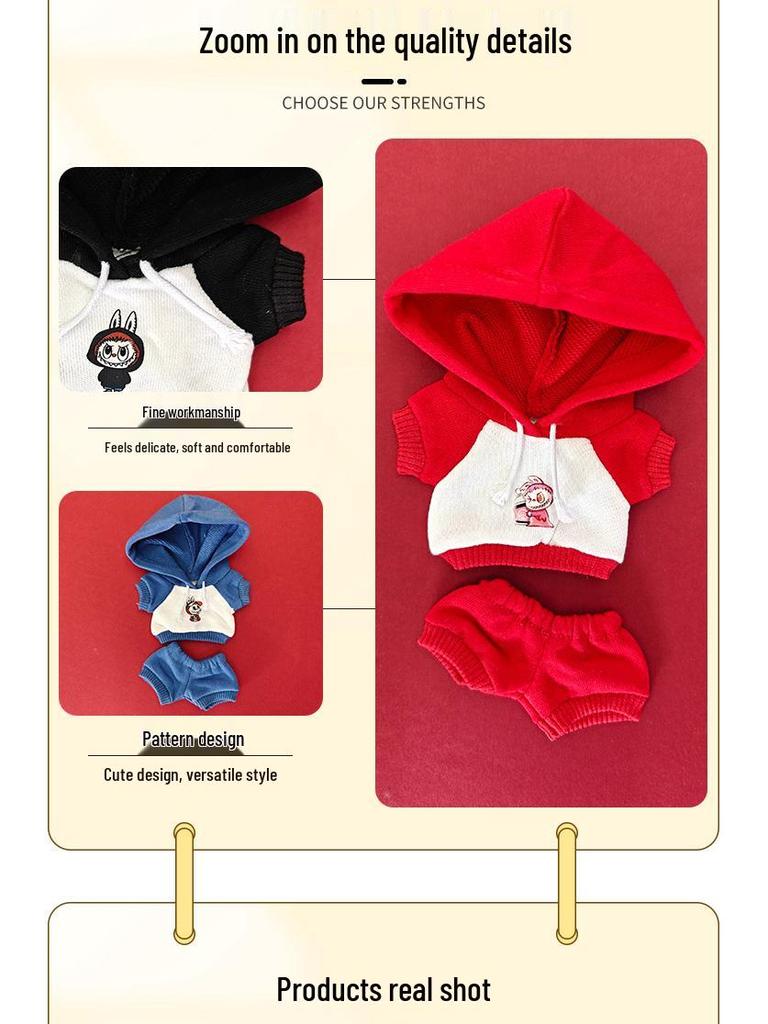 Labubu 17cm Baumwollpuppe Hoodie-Set & Schlüsselanhänger