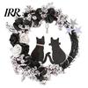 Black Cat Wreath with Lights Halloween Floral Garland, String Lights, Silhouette Garland Wreath, for Front Door Indoor Outdoor Wall Decor