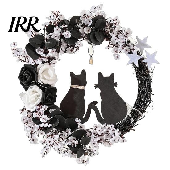 Black Cat Wreath with Lights Halloween Floral Garland, String Lights, Silhouette Garland Wreath, for Front Door Indoor Outdoor Wall Decor