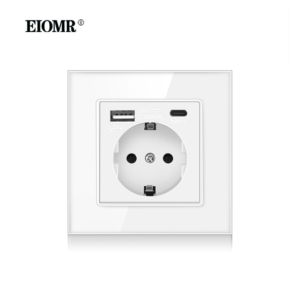 EIOMR EU Standard 16A Tempered Crystal Glass Panel Wall Socket Power Outlet Electrical Plug with Usb 5V 2100mA Ac110-250V White