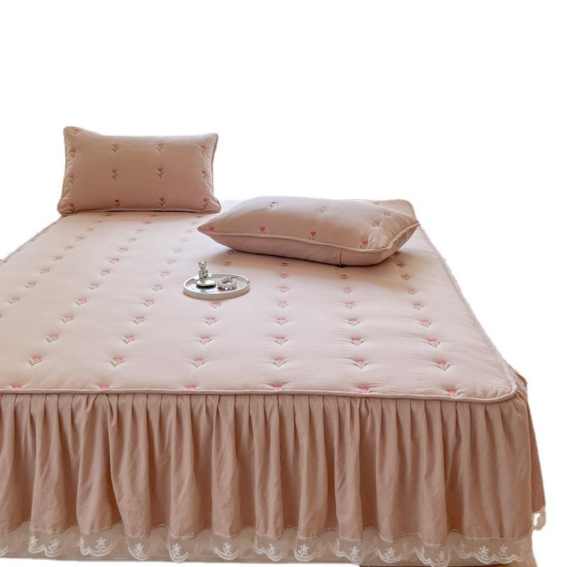 Pink Mattress Cover for Girls Room Bedcover Lace Bed Skirt Embroidered Style Fitted Sheet (Pillowcase Need Order)