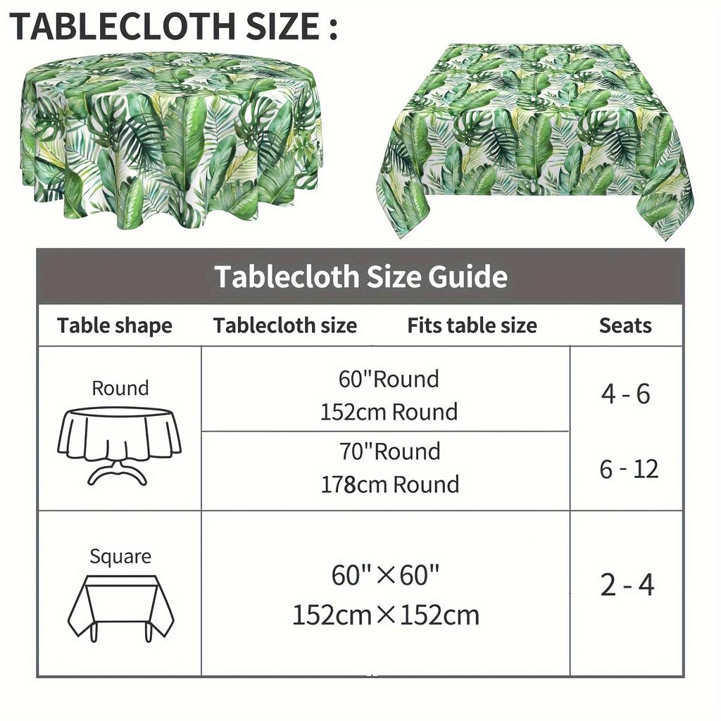 Round Polyester Tablecloth, printed with bright green pineapple & tropical leaves. Durable, reusable and easy to clean. Great decor for kitchen, dinin