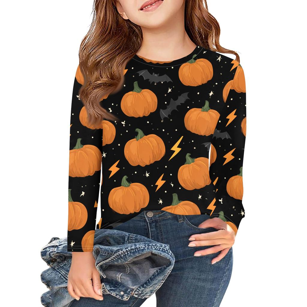 Girls Long Sleeve T Shirts Kids Fall Tops Crewneck Halloween Printed Basic Tees 3-9Y