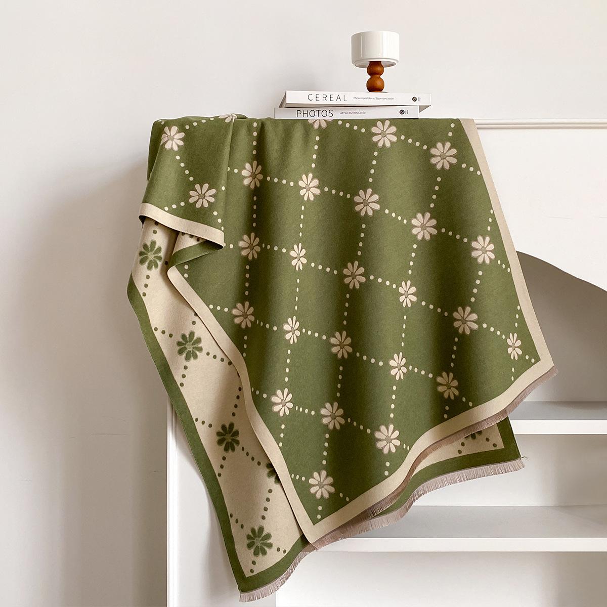 

женский модный универсальный двухсторонний шарф из имитации кашемира с цветочным принтом в горошек, теплый, с бахромой, шаль 200x65cm зелёный