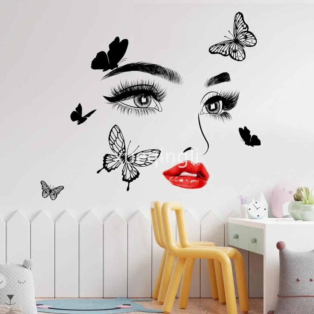 Beauty Female Face Wall Sticker Decal Beauty Studio Wallpaper Cosmetic Makeup Wall Art Sticker Mural Removable Salon Decoration