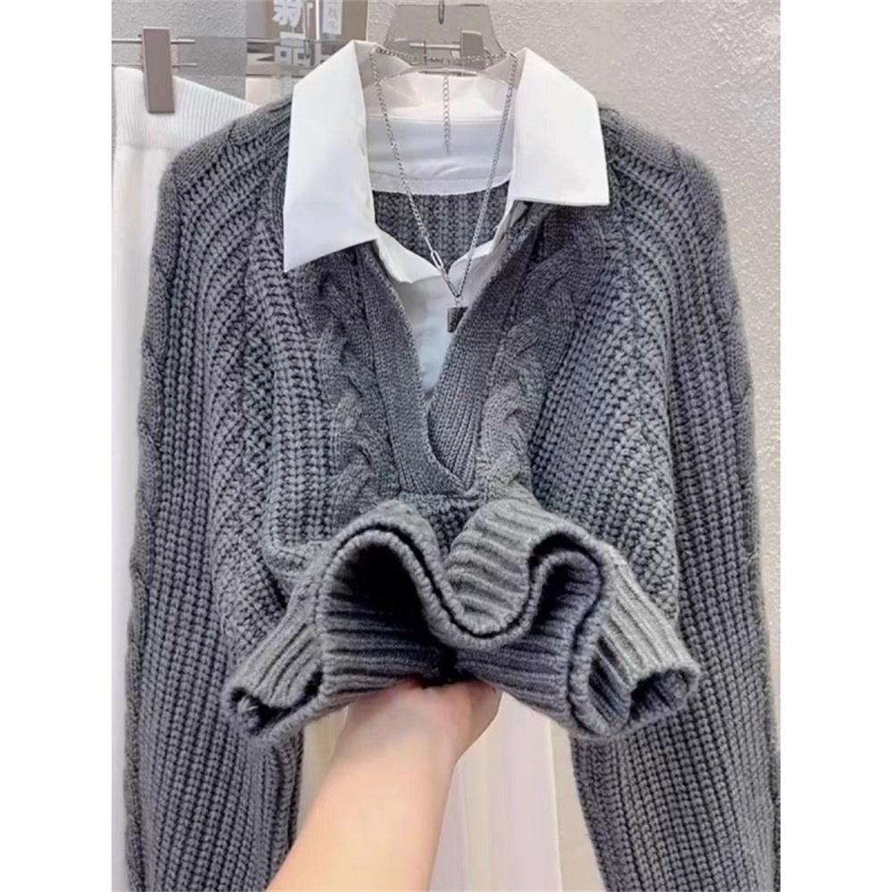 Autumn and Winter Women's Clothes Retro Design Pullovers Fake Two Sweaters Pullover