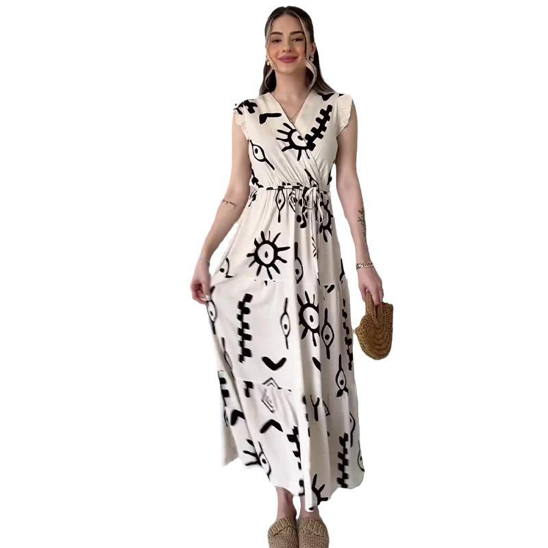 2024 Summer V-Neck Sleeveless Women's Waist-Tie Print Long Dress