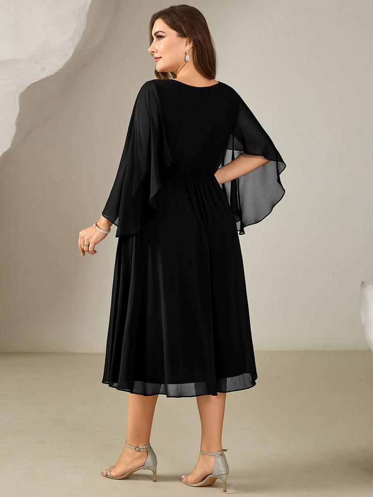 Ever-Pretty Women's Plus Size 3/4 Ruffle Bell Sleeve Deep V-Neck A-Line Midi Wedding Guest Dresses