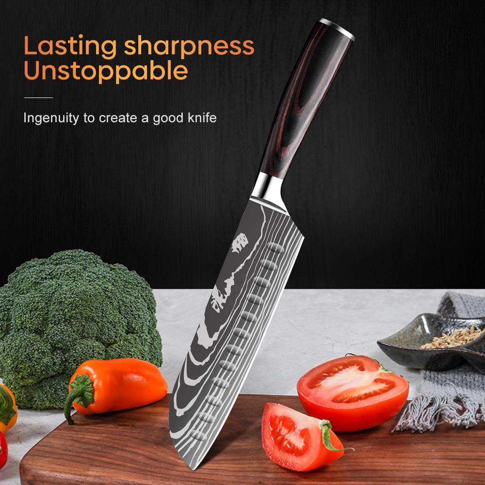 7 Inch Santoku Knife Laser Damascus Stainless Steel Kitchen Knives Professional Chef Knife Full Tang Vegetable Cutting Knife