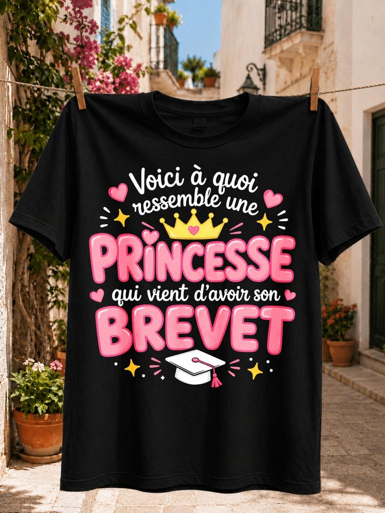 French Princess Graduation with Crown Mortarboard Hearts Stars and Sparkly Pink Brevet Celebration Unisex All TShirt
