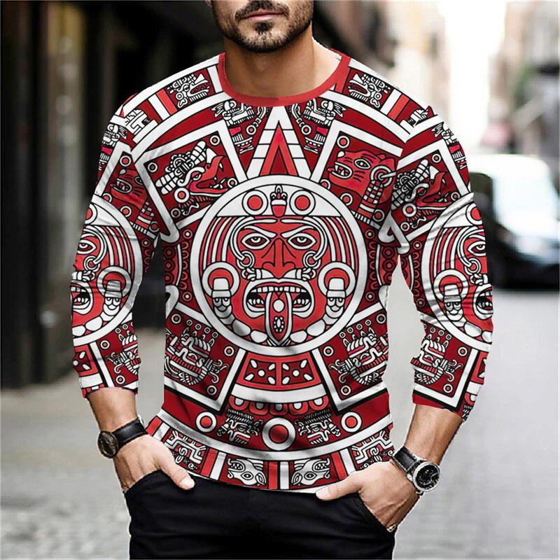 Round Neck 3D Aztec Graphic Printed Casual Long Sleeved Men's T-shirts - Soft Medium Stretch Polyester Fabric Spring and Autumn Relaxed Fit Clothing