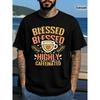 European Sizes Men's Funny Caffeine Slogan T-Shirt - Black Short Sleeve Crew Neck Tee with "Blessed Caffeinated" Coffee Cup