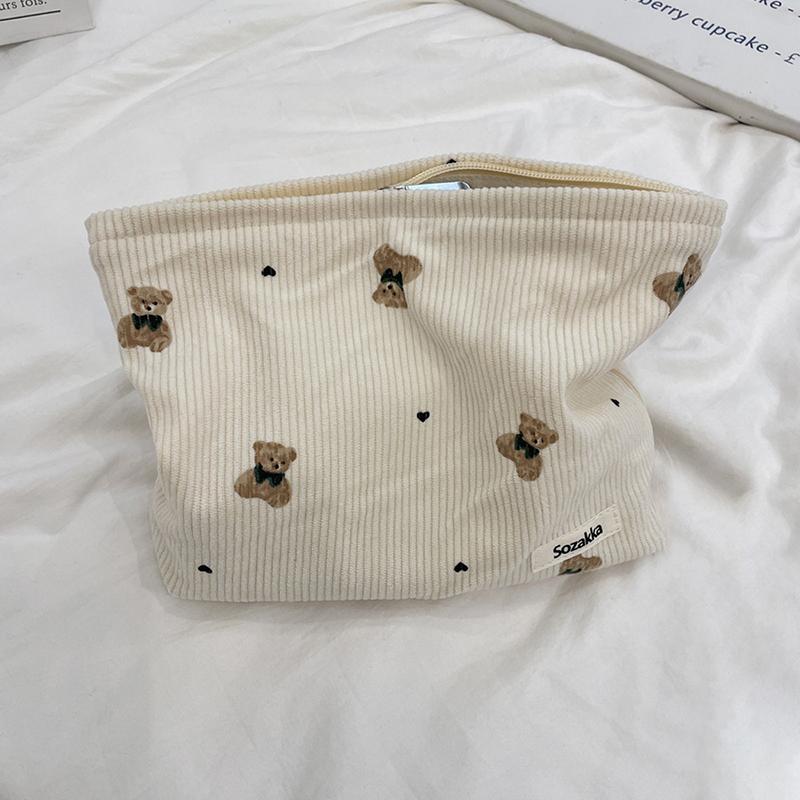 Portable Cartoon Bear Makeup Bag Corduroy Large Capacity Cosmetic Bag Pen Bags For Women Lady Girl